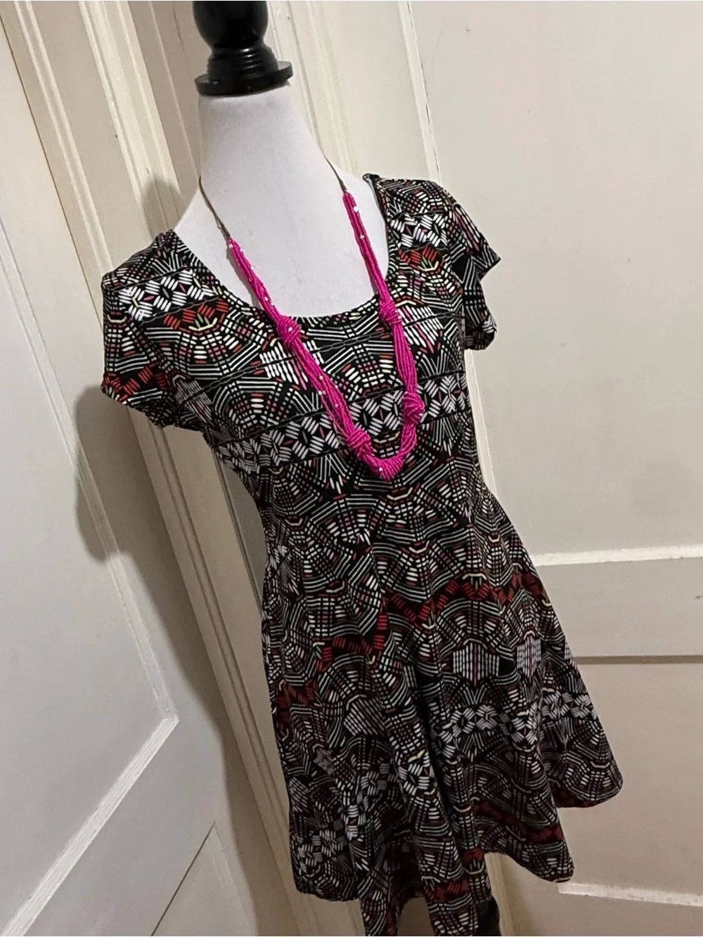 Bobbie Brooks Black Dress with Pink, Green and Yellow Motif